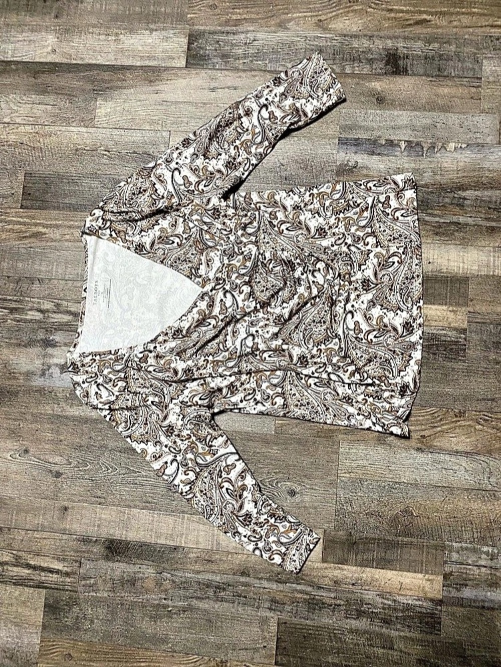 Talbots Faux-Wrap Top Paisley Tunic Brown & White Medium